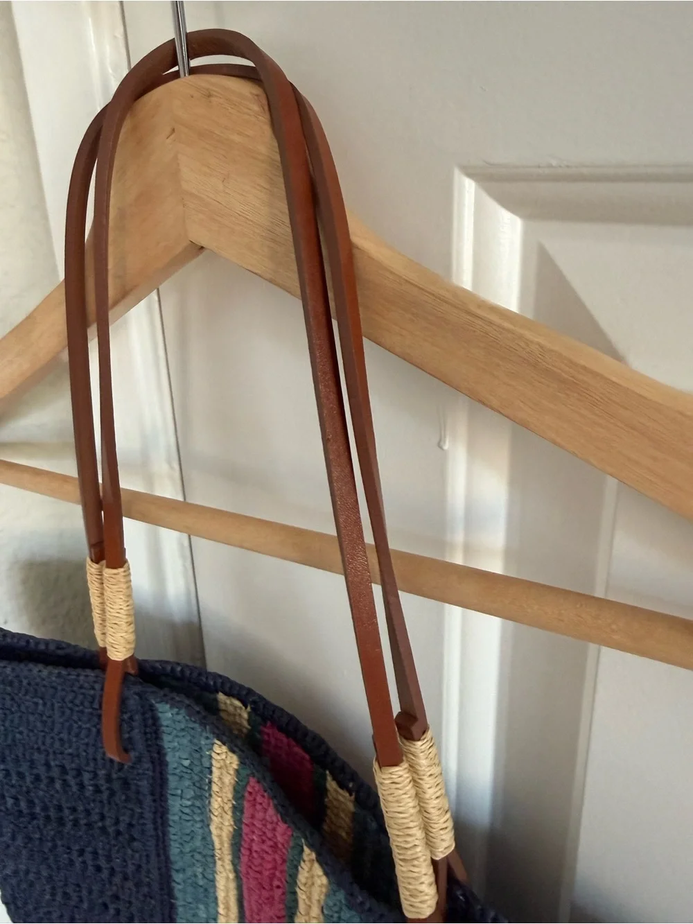 Sezane Francisco Basket Bag - Raffia - Navy with Stripes - Leather Handles